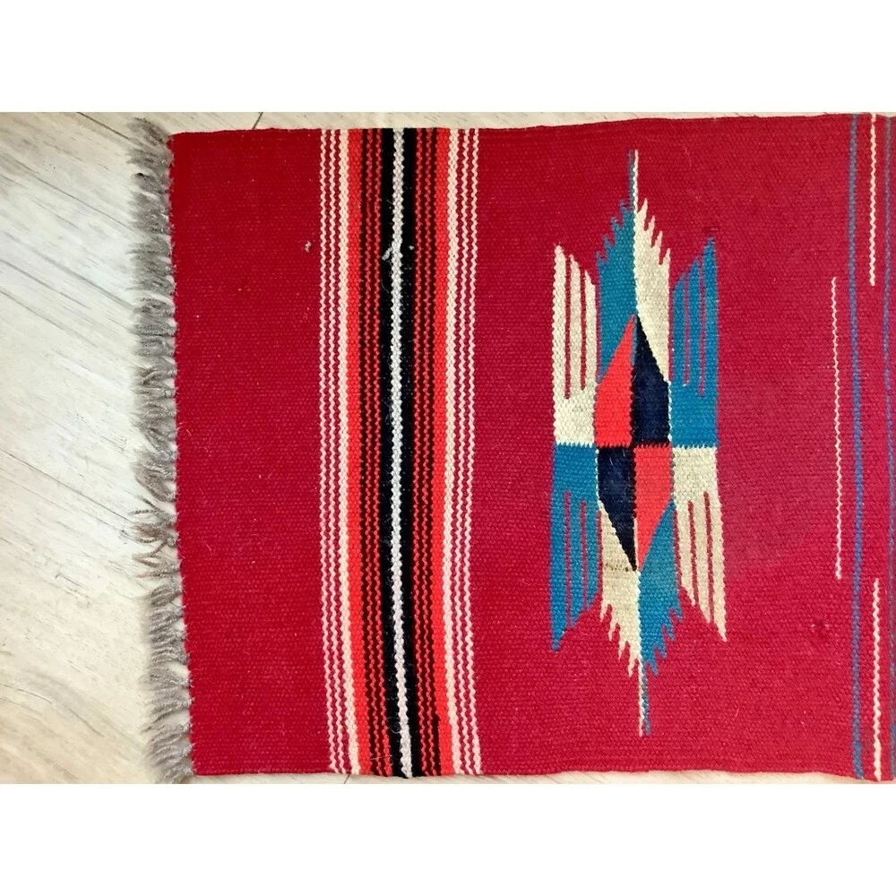 Hand Woven Southwest Wool Table Runner Wall Art Rug Red Geometric 13